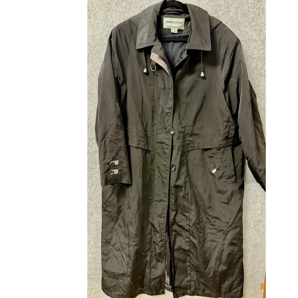 Fitzwright Black Longline Raincoat Hooded Zip Out Liner Trench Coat Womens 16